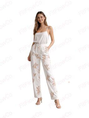 L’ATISTE by Amy White Beige Floral Pants High Waist Straight Leg Chic